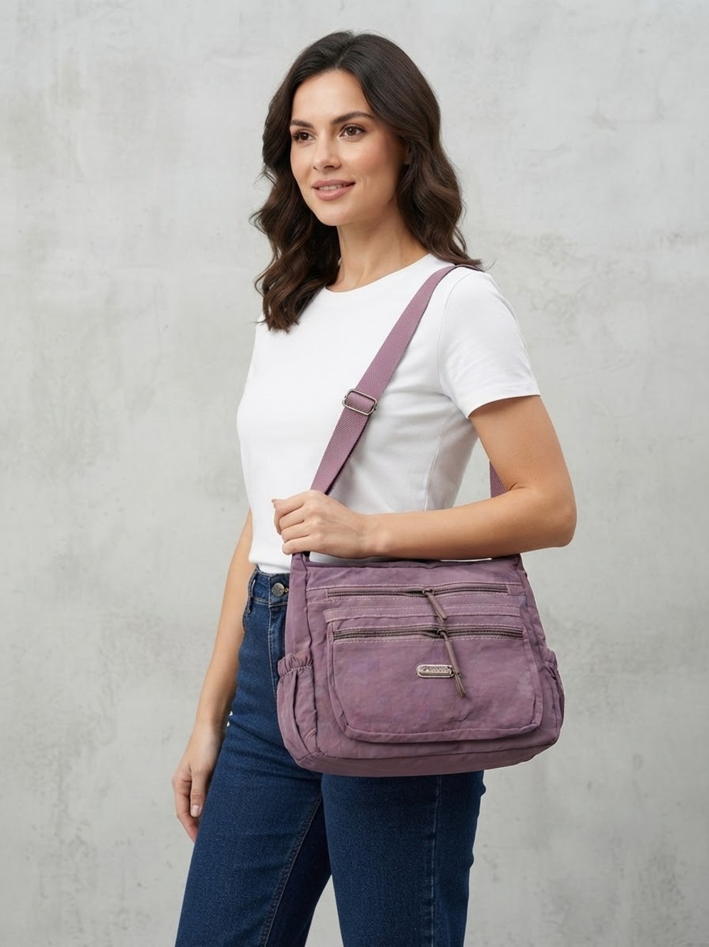 Dusty Purple Crossbody Bag with Multiple Zip Pockets